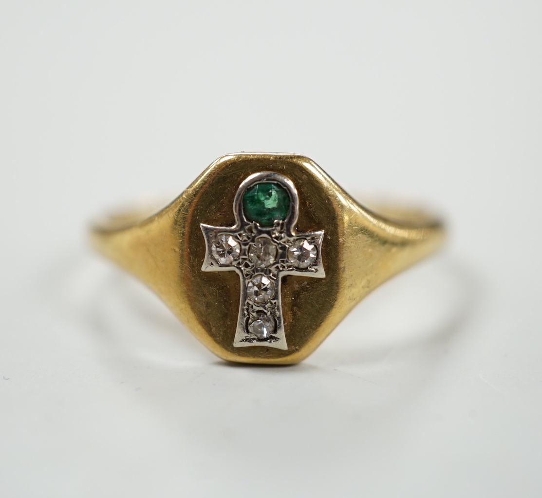 A 1930's 18ct gold emerald and diamond set ring with cross motif, size P, gross weight 4.7 grams.